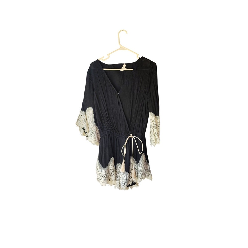Umgee USA Black Boho Lace Trim Romper V-Neck Tassel Small